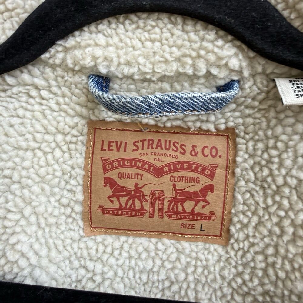 Levi's Light Blue Sherpa Lined Denim Trucker Jean Jacket Snap Closure Size L - Picture 7 of 10